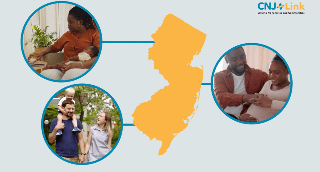 A graphic representation of the state of New Jersey with multiple family pictures in circles around it.