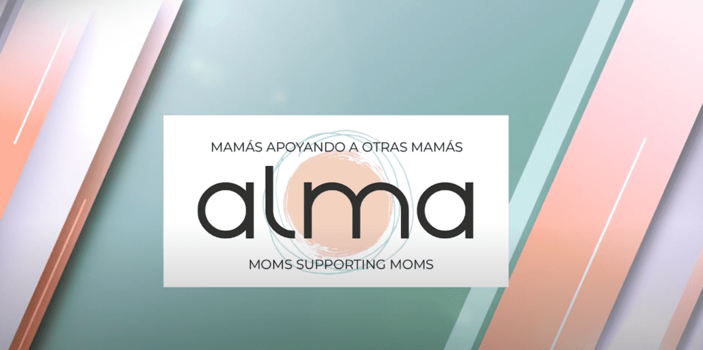 Alma logo with diagonal lines behind it.